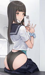 Rule 34 | 1girl, absurdres, ass, black hair, black one-piece swimsuit, black sailor collar, black skirt, blue skirt, blush, brown eyes, brown hair, cellphone, competition swimsuit, from behind, highres, holding, holding phone, koh (minagi kou), lifted by self, long hair, looking at viewer, looking back, one-piece swimsuit, original, parted lips, phone, pleated skirt, sailor collar, school uniform, scrunchie, selfie, serafuku, shirt, short sleeves, sitting, skirt, smartphone, solo, swimsuit, swimsuit under clothes, white shirt, wrist scrunchie