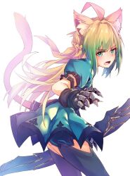 Rule 34 | 1girl, ahoge, animal ear fluff, animal ears, aqua dress, arm belt, atalanta (fate), bibisuka, black gloves, black thighhighs, blonde hair, bow (weapon), braid, cat ears, claw ring, cowboy shot, dress, fang, fate/grand order, fate (series), gloves, gradient hair, green eyes, green hair, highres, holding, holding bow (weapon), holding weapon, leaning forward, looking at viewer, multicolored hair, open mouth, simple background, skin fang, solo, tail, thighhighs, weapon, white background