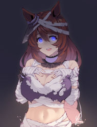 Rule 34 | 1girl, :d, bandaged arm, bandaged head, bandages, bare shoulders, breasts, brown hair, cleavage, commentary, dark background, empty eyes, glowing, glowing eyes, gradient background, hair between eyes, hands on own chest, highres, kimi tsuru, large breasts, long hair, looking at viewer, navel, official alternate costume, open mouth, purple eyes, revealing clothes, sarashi, signature, smile, stomach, super creek (chiffon ribbon mummy) (umamusume), super creek (umamusume), teeth, torn clothes, umamusume, upper body, upper teeth only, very long hair