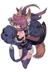Rule 34 | 10s, 1girl, animal ears, black thighhighs, bow, cropped legs, detached sleeves, fate/extra, fate (series), fox ears, fox tail, hair bow, japanese clothes, obi, pink hair, sash, side slit, simple background, solo, tail, talisman, tamamo no mae (fate/extra), tangamja, thighhighs, white background, wide sleeves, yellow eyes