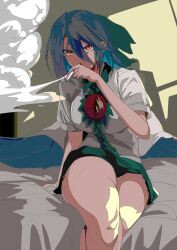 Rule 34 | 1girl, bed, cigarette, holding, holding cigarette, indoors, mizuga, on bed, reiuji utsuho, sitting, smoke, smoking, solo, touhou