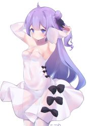 Rule 34 | 1girl, armpits, arms up, azur lane, bad id, bad pixiv id, bow, breasts, cleavage, criss-cross halter, detached sleeves, dress, gluteal fold, hair bun, halterneck, long hair, mimelond, navel, one side up, panties, purple eyes, purple hair, see-through, side bun, simple background, single side bun, sleeves past wrists, small breasts, solo, thighhighs, underwear, unicorn (azur lane), white background, white dress, white thighhighs