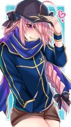 Rule 34 | 1boy, artoria pendragon (all), artoria pendragon (fate), astolfo (fate), bad id, bad pixiv id, blush, braid, cosplay, fate/apocrypha, fate (series), hat, heroine x (cosplay), highres, looking at viewer, male focus, mysterious heroine x (fate), pink hair, ponytail, purple eyes, rojiura satsuki : chapter heroine sanctuary, saber (fate), shisei (kyuushoku banchou), simple background, single braid, smile, solo, trap