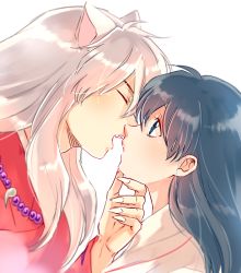 Rule 34 | 1boy, 1girl, animal ears, black hair, blue eyes, blurry, blush, couple, depth of field, dog ears, eyelashes, closed eyes, fang, fingernails, from side, grabbing another&#039;s chin, hand on another&#039;s chin, hetero, higurashi kagome, imminent kiss, inuyasha, inuyasha (character), japanese clothes, jewelry, long hair, looking at another, miko, motobi (mtb umk), necklace, open mouth, portrait, profile, sharp fingernails, simple background, white background, white hair