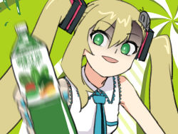 Rule 34 | 1girl, aqua nails, aqua necktie, asymmetrical bangs, bare shoulders, blonde hair, bottle, bright pupils, cosplay, crazy eyes, crazy smile, derivative work, green background, green eyes, hair ornament, hatsune miku, hatsune miku (cosplay), holding, holding bottle, insect hair ornament, juice, long hair, looking at viewer, matangom, matangomu-chan, motion blur, necktie, open mouth, original, parody, pillbug, poppippoo (vocaloid), shaded face, shaking, shirt, sleeveless, sleeveless shirt, smile, spiral background, twintails, two-tone background, upper body, vegetable juice, vocaloid, white background, white shirt