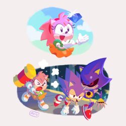 amy_rose ari_vsart black_eyes carrying carrying_person furry furry_female furry_male hammer highres holding holding_hammer humanoid_robot metal_sonic red_eyes robot smile sonic_(series) sonic_cd sonic_the_hedgehog sonic_the_hedgehog_(classic)