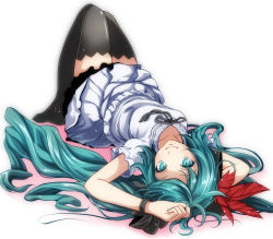 Rule 34 | 1girl, aqua eyes, aqua hair, aqua nails, arms up, black ribbon, black thighhighs, blush, bracelet, closed mouth, dress, feather hair ornament, feathers, from behind, full body, hair ornament, hatsune miku, jewelry, knees up, long hair, looking at viewer, looking back, lying, nail polish, on back, project diva (series), ribbon, simple background, solo, tareme, thighhighs, tsukishiro saika, twintails, very long hair, vocaloid, white background, white dress, world is mine (vocaloid), zettai ryouiki