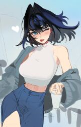 Rule 34 | 1girl, blue eyes, blue hair, blue skirt, blush, breasts, coffee cup, crop top, cup, disposable cup, eus ing, eyelashes, hair intakes, highres, holding, holding cup, hololive, hololive english, jacket, large breasts, long skirt, looking at viewer, off shoulder, official alternate costume, one eye closed, open clothes, open jacket, ouro kronii, ouro kronii (casual), shirt, short hair, side slit, sketch, skirt, sleeveless, solo, tongue, tongue out, virtual youtuber, white shirt