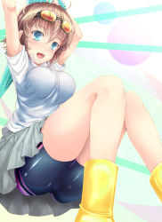 Rule 34 | 1girl, :d, absurdres, armpit peek, arms up, aru tia, ass, bike shorts, blue eyes, blush, boots, breasts, brown hair, goggles, goggles on head, highres, large breasts, looking at viewer, open mouth, original, rubber boots, school uniform, short hair, sitting, skirt, smile, solo, swimsuit, swimsuit under clothes, taut clothes, umbrella, yellow footwear