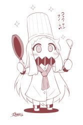 Rule 34 | 10s, 1girl, chef hat, chef, commentary request, female focus, frying pan, hat, kantai collection, ladle, long hair, mittens, monochrome, northern ocean princess, scarf, sidelocks, simple background, sketch, solo, sparkle, translation request, very long hair, white background, wrist cuffs, yamato nadeshiko
