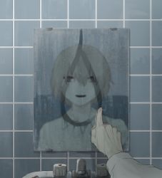 Rule 34 | 1boy, avogado6, collared shirt, commentary, condensation, faucet, forced smile, grey hair, indoors, male focus, mirror, noose, original, parted lips, pov, red eyes, reflection, shirt, smile, solo, straight-on, suicide, tile wall, tiles, white shirt, glass writing, wing collar