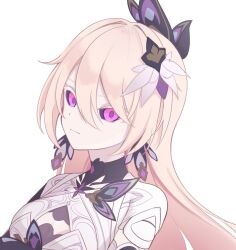 Rule 34 | 1girl, :|, closed mouth, commentary request, earrings, expressionless, hair between eyes, honkai (series), honkai impact 3rd, jewelry, long hair, peacock feathers, pink eyes, pink hair, potato 258, sa (honkai impact), simple background, solo, white background