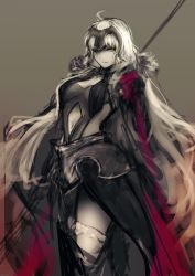 Rule 34 | 1girl, absurdres, ahoge, armor, armored dress, black dress, breasts, cape, chain, cleavage, clothing cutout, commentary, dress, fate/grand order, fate (series), faulds, flag, fur trim, gauntlets, headpiece, highres, holding, holding flag, hometa, jeanne d&#039;arc (fate), jeanne d&#039;arc alter (avenger) (fate), jeanne d&#039;arc alter (avenger) (third ascension) (fate), jeanne d&#039;arc alter (fate), large breasts, navel, navel cutout, silver hair, sketch, smile, smirk, solo, thighs, yellow eyes