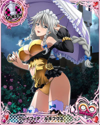 Rule 34 | 10s, 1girl, artist request, bikini, bracelet, braid, breasts, card (medium), character name, chess piece, cleavage, covered erect nipples, female focus, grayfia lucifuge, grey eyes, grey hair, high school dxd, high school dxd infinity, holding, holding umbrella, jewelry, large breasts, lipstick, maid headdress, makeup, matching hair/eyes, official art, queen (chess), red lips, sideboob, smile, solo, swimsuit, thighhighs, torn clothes, trading card, twin braids, umbrella, underboob, yellow bikini