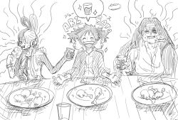 Rule 34 | 1girl, 2boys, age difference, artist request, breasts, child, disgust, dress, eating, facial hair, father and daughter, grin, happy, hat, headphones, highres, long hair, looking at another, monkey d. luffy, monochrome, multicolored hair, multiple boys, one piece, one piece film: red, open clothes, open shirt, pectorals, scar, scar across eye, shanks (one piece), short hair, simple background, smile, straw hat, two-tone hair, upper body, uta (one piece), very long hair, white background