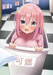 Rule 34 | 1girl, absurdres, blue eyes, blush, bocchi the rock!, breasts, checkered floor, chino0803, commentary request, cube hair ornament, gotoh hitori, hair between eyes, hair ornament, highres, in container, jacket, large breasts, long hair, long sleeves, looking at viewer, one side up, open mouth, partial commentary, pink hair, pink jacket, sidelocks, solo, track jacket, trash can, upper body