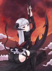 Rule 34 | 1girl, ass, demon girl, demon tail, horns, kazuoki, long hair, looking back, red eyes, sickle, solo, straddling, tail, thighhighs, white hair