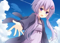 Rule 34 | 1girl, animal hood, rabbit hood, cloud, cloudy sky, day, dress, hair ornament, highres, hood, hood down, hoodie, komomo (ptkrx), looking at viewer, open clothes, open hoodie, open mouth, outstretched arm, purple dress, purple eyes, purple hair, sky, smile, solo, strapless, strapless dress, tube dress, twintails, vocaloid, voiceroid, yuzuki yukari