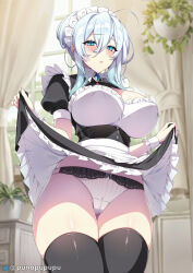 Rule 34 | 1girl, blue eyes, blue hair, blush, breasts, cameltoe, clothes lift, covered erect nipples, huge breasts, lifted by self, maid, mature female, panties, puuzaki puuna, skirt, skirt lift, solo, thick thighs, thighhighs, thighs, underwear, yukino (zeroshiki kouichi)