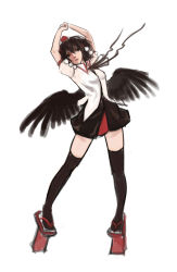 Rule 34 | 1girl, arms up, bad id, bad pixiv id, black hair, breasts, dongyi eryi, dress shirt, female focus, full body, geta, head tilt, looking away, low wings, miniskirt, parted lips, red eyes, ribbon, sandals, shameimaru aya, shirt, short hair, short sleeves, simple background, skirt, small breasts, solo, standing, stretching, tengu-geta, thighhighs, touhou, white background, wings, zettai ryouiki