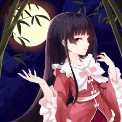 Rule 34 | 1girl, bad id, bad pixiv id, bamboo, bamboo forest, black hair, bow, cloud, forest, full moon, hime cut, houraisan kaguya, long hair, long sleeves, looking at viewer, moon, nature, night, pink eyes, shirt, sky, solo, takehana note, touhou, upper body, very long hair, wide sleeves