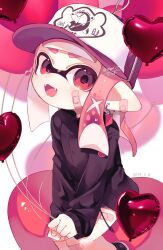 Rule 34 | 1girl, artist name, balloon, bandaid, bandaid on ear, bandaid on leg, baseball cap, black jacket, buttons, commentary request, fangs, hat, heart, heart balloon, highres, holding, holding balloon, inkling, inkling girl, inkling player character, jacket, long hair, nintendo, open mouth, pink eyes, pink hair, pointy ears, print headwear, sahata saba, sitting, smile, solo, splatoon (series), tentacle hair, thick eyebrows, twitter username, white background