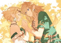 Rule 34 | 1boy, 1girl, absurdres, archaic set (zelda), bare shoulders, blonde hair, blue eyes, blue tunic, braid, breasts, closed eyes, closed mouth, collarbone, dress, earrings, hand up, highres, holding, holding hands, jewelry, leaf, light brown hair, link, looking at another, lying, medium breasts, necklace, nintendo, on side, pointy ears, princess zelda, shadow, short hair, short sleeves, sidelocks, sleeping, sleeveless, sleeveless dress, smile, strapless, strapless dress, the legend of zelda, the legend of zelda: tears of the kingdom, tsubsa syaoin, tunic, white background, white dress