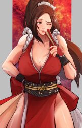 Rule 34 | 1girl, absurdres, breasts, brown eyes, brown hair, cleavage, fatal fury, highres, large breasts, lips, long hair, mature female, ninja, one eye closed, ponytail, shadowcero, shiranui mai, snk, solo, the king of fighters, thighs