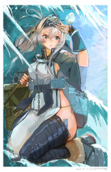Rule 34 | 1girl, ainu clothes, basket, bird, blue eyes, border, breasts, chain, cropped jacket, dated, day, folded ponytail, hair between eyes, headband, highres, holding, kamoi (kancolle), kantai collection, leg wrap, nagasawa tougo, open mouth, outdoors, panties, pelvic curtain, ponytail, rigging, side-tie panties, sky, solo, twitter username, underwear, waving, white hair, white panties, wrist guards