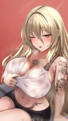 Rule 34 | 1girl, arm support, arm tattoo, azur lane, baltimore (azur lane), baltimore (azur lane) (cosplay), baltimore (black ace) (azur lane), bare shoulders, black shorts, blonde hair, blush, breasts, chest tattoo, cleavage, collarbone, commentary request, commission, cosplay, covered erect nipples, ex saki, flower tattoo, groin, hair between eyes, heavy breathing, highres, hot, implacable (azur lane), large breasts, long bangs, long hair, midriff, navel, on bench, one eye closed, open mouth, pixiv commission, red eyes, see-through sports bra, shadow, short shorts, shorts, sidelocks, sitting, solo, sports bra, stomach tattoo, sweat, tattoo, very long hair, wet bra, white sports bra