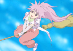 Rule 34 | 1girl, arche klein, bracelet, broom, day, flying, gloves, jewelry, light purple hair, pants, pink pants, ponytail, purple eyes, sky, smile, solo, spiked hair, tales of (series), tales of phantasia, wide ponytail, yomi (indigoriver)