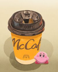 Rule 34 | :o, alternate size, blue eyes, blush, blush stickers, commentary request, cup, disposable coffee cup, disposable cup, gradient background, grey background, highres, kirby, kirby (series), looking at viewer, mcdonald&#039;s, miclot, nintendo, no humans, shadow, simple background, solo, white background