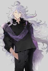 Rule 34 | 1boy, ;), black pants, black shirt, blouse, chinese commentary, collared shirt, commentary request, fate/grand order, fate (series), feet out of frame, grey background, hand in pocket, highres, laver (1090792977), long hair, looking at viewer, male focus, merlin (camelot &amp; co) (fate), merlin (fate), official alternate costume, one eye closed, pants, purple eyes, scarf, shirt, simple background, smile, solo, teeth, very long hair, white hair