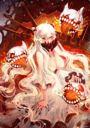 Rule 34 | 10s, 1girl, abyssal ship, ahoge, artist name, breasts, cannon, cleavage, covered mouth, dress, escort fortress (kancolle), flaming eye, highres, horns, kantai collection, large breasts, long hair, looking at viewer, meoon, midway princess, orange eyes, signature, sitting, solo, turret, very long hair, white dress, white hair