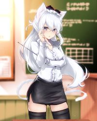 Rule 34 | 1girl, absurdres, adjusting eyewear, aged up, alternate costume, animal ear fluff, animal ears, arm under breasts, azur lane, bespectacled, black skirt, black thighhighs, blue eyes, blurry, blurry background, blush, bow, breasts, cat ears, cat tail, chalkboard, classroom, collarbone, collared shirt, commentary, floating hair, frilled shirt, frills, glasses, hair bow, hammann (azur lane), highres, indoors, light particles, long hair, looking at viewer, medium breasts, open mouth, pencil skirt, rurekuchie, shirt, skirt, solo, standing, sweatdrop, table, tail, teacher, thighhighs, white hair, white shirt