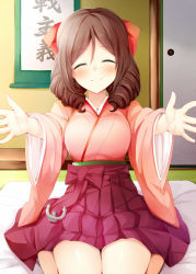 Rule 34 | 10s, 1girl, anchor, blush, bow, breasts, brown hair, drill hair, closed eyes, hair between eyes, hair bow, hakama, hakama skirt, harukaze (kancolle), japanese clothes, kantai collection, kimono, large breasts, long hair, looking at viewer, meiji schoolgirl uniform, open hands, pink kimono, red bow, red hakama, rui shi (rayze ray), scroll, sitting, skirt, smile, solo, twin drills, wariza, wide sleeves