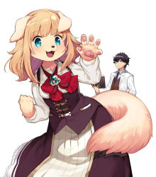 Rule 34 | 1boy, 1girl, animal ears, aqua eyes, blonde hair, blue eyes, blush, body fur, book, brooch, cowboy shot, dog, dog ears, dog girl, dog tail, fangs, furry, furry female, glasses, holding, holding book, jewelry, kishibe, lab coat, long hair, long sleeves, looking at viewer, necktie, original, pawpads, simple background, snout, tail, white background
