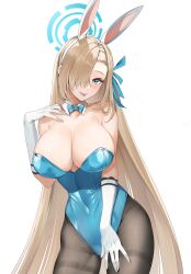 Rule 34 | 1girl, absurdres, animal ears, asuna (blue archive), asuna (bunny) (blue archive), bare shoulders, blue archive, blue eyes, blue halo, blue ribbon, breasts, brown hair, covered navel, fake animal ears, gloves, hair over one eye, hair ribbon, halo, highres, large breasts, leotard, long hair, looking at viewer, momuru, official alternate costume, playboy bunny, rabbit ears, ribbon, simple background, solo, very long hair, white background, white gloves