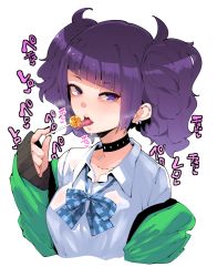 Rule 34 | 1girl, bad id, bad pixiv id, blunt bangs, breasts, candy, choker, diagonal bangs, ear piercing, food, heart, heart-shaped pupils, idolmaster, idolmaster shiny colors, licking, lollipop, looking at viewer, medium breasts, open mouth, piercing, purple eyes, purple hair, saliva, school uniform, simple background, sleeves past wrists, solo, symbol-shaped pupils, takato kurosuke, tanaka mamimi, tongue, tongue out, twintails, upper body, white background