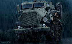Rule 34 | 1girl, artist name, assault rifle, black hair, casspir mk6, commentary request, dated, dead-robot, gun, holding, holding gun, holding weapon, long hair, military, military truck, military vehicle, mixed-language commentary, motor vehicle, night, original, outdoors, rain, rifle, solo, spare tire, truck, twitter username, vehicle focus, watermark, weapon