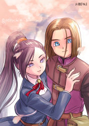 Rule 34 | 1boy, 1girl, absurdres, alternate costume, belt, belt buckle, blouse, blue eyes, blue jacket, brown belt, brown hair, buckle, cherry blossoms, closed mouth, commentary request, dragon quest, dragon quest xi, eyelashes, fingernails, floating hair, hand on another&#039;s chest, hero (dq11), high ponytail, highres, jacket, lips, long hair, long sleeves, looking away, martina (dq11), medium hair, neck ribbon, official alternate costume, outdoors, parted bangs, pekuchin (pekuchin 3), petals, pink lips, ponytail, purple eyes, purple hair, red ribbon, ribbon, school uniform, shirt, smile, translation request, twitter username, uniform, very long hair, white shirt