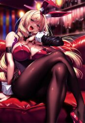 Rule 34 | 1girl, absurdres, animal ear fluff, animal ears, arm support, bare shoulders, blonde hair, blue eyes, blurry, blurry background, blush, breasts, crossed legs, fake animal ears, hand on own chest, hand up, hanikami kanojo, high heels, highres, indoors, large breasts, leotard, lips, long hair, looking at viewer, open mouth, pantyhose, piromizu, playboy bunny, rabbit ears, red leotard, scan, shiny clothes, shiny skin, shoudou erena, simple background, sitting, smile, solo, teeth, wrist cuffs