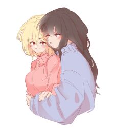 Rule 34 | 2girls, black hair, blonde hair, blush, closed mouth, commentary, english commentary, hand on another&#039;s arm, highres, hug, hug from behind, inoue takina, long hair, long sleeves, lycoris recoil, medium hair, multiple girls, nishikigi chisato, parted lips, pink sweater, purple eyes, purple sweater, red eyes, selayiss, simple background, smile, sweater, upper body, white background, yuri
