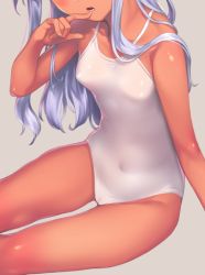 Rule 34 | 1girl, bare arms, bare shoulders, blush, breasts, cameltoe, commentary request, covered navel, facing viewer, grey background, h kasei, head out of frame, long hair, one-piece swimsuit, original, parted lips, purple hair, simple background, sitting, small breasts, solo, swimsuit, white one-piece swimsuit