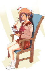 Rule 34 | 00s, 1girl, blue eyes, book, brown hair, chair, earrings, folded ponytail, full body, jewelry, komaki manaka, long sleeves, looking at viewer, open book, pleated skirt, pointing, pointing at self, school uniform, shoes, simple background, skirt, socks, solo, sweatdrop, to heart (series), to heart 2, yoi (yoihome)