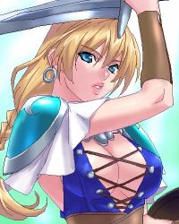 Rule 34 | 1girl, armor, blonde hair, blue eyes, braid, breasts, cleavage, cross-laced clothes, earrings, jewelry, large breasts, long hair, lowres, oekaki, parted lips, shoulder pads, solo, sophitia alexandra, soul calibur, soulcalibur ii, sword, weapon, zen