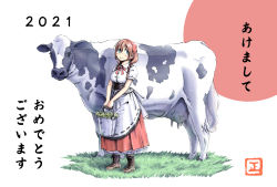 Rule 34 | 1girl, 2021, animal, apron, aqua eyes, artist name, artist request, back bow, blue eyes, blush, boots, bow, bowtie, braid, breasts, brown footwear, brown hair, bucket, buttons, check translation, collared dress, commentary request, cow, cross-laced clothes, cross-laced dress, cross-laced footwear, dress, emma verde, female focus, freckles, full body, grass, hair between eyes, hair over shoulder, hair tie, hairband, highres, holding, holding bucket, long hair, looking at viewer, love live!, love live! nijigasaki high school idol club, medium breasts, miniskirt, on grass, parted lips, plaid, plaid dress, plaid skirt, pleated, pleated dress, pleated skirt, puffy short sleeves, puffy sleeves, red bow, red hair, red hairband, red skirt, short sleeves, skirt, smile, solo, standing, translated, translation request, twin braids, twintails, white apron, white background, white dress