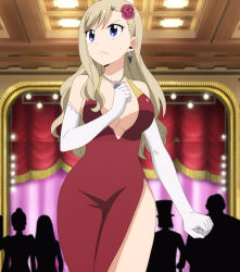 Rule 34 | 1girl, anime screenshot, blonde hair, blue eyes, breasts, cleavage, dress, earrings, eden&#039;s zero, flower, hair flower, hair ornament, highres, jewelry, large breasts, long hair, rebecca bluegarden, red dress, stitched, third-party edit, wide hips