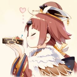 Rule 34 | ..., 1girl, benienma (fate), bird hat, brown hair, cloak, eretto, closed eyes, fate/grand order, fate (series), feather trim, food, hair tie, heart, profile, short hair, simple background, smelling, yellow background