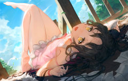 Rule 34 | 1girl, :d, bare arms, bare legs, bare shoulders, barefoot, black hair, blue sky, blush, bra strap, cloud, collarbone, day, dress, dutch angle, ecien, facial mark, fate/grand order, fate (series), forehead mark, from behind, indoors, knee up, leg up, long hair, looking at viewer, looking back, lying, multicolored hair, on back, on floor, open mouth, paper, parted bangs, pink dress, purple hair, sessyoin kiara, sessyoin kiara (lily), sky, sleeveless, sleeveless dress, smile, soles, solo, strap slip, sunlight, thigh gap, two-tone hair, very long hair, wooden floor, wristband, yellow eyes